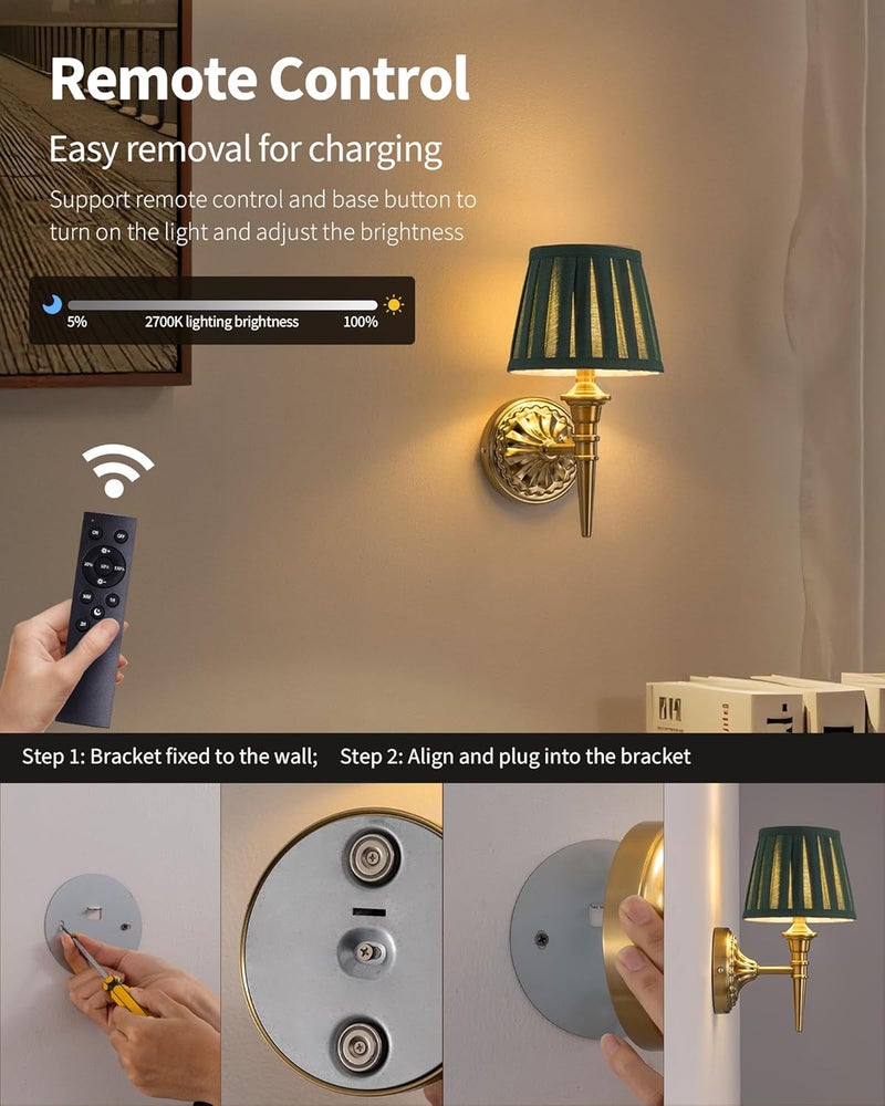 KDG Cordless Wall Sconces Set of 2, Small Wireless 5200mAh Rechargeable Battery Fabric LED Wall Lamps, Portables Lightings for Wall Painting, Living Room, Bedroom, Hallway, Gifts, Night Light (Green) - Image 4